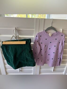 Crewcuts Lilac Sweater with Green Heart Motifs + Green Corduroy Skirt